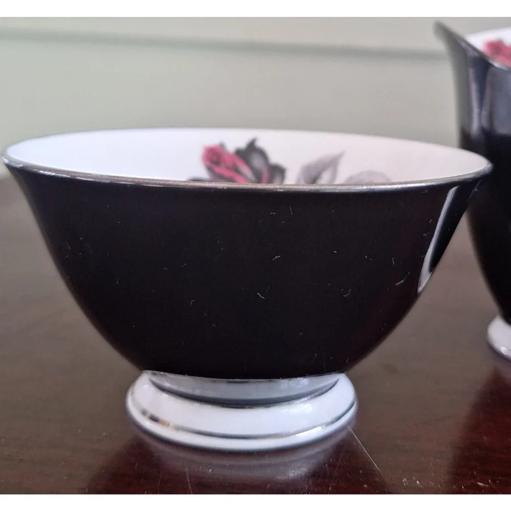 Royal Albert Masquerade Mini Open Sugar and Creamer 1950s Platinum Rim Black